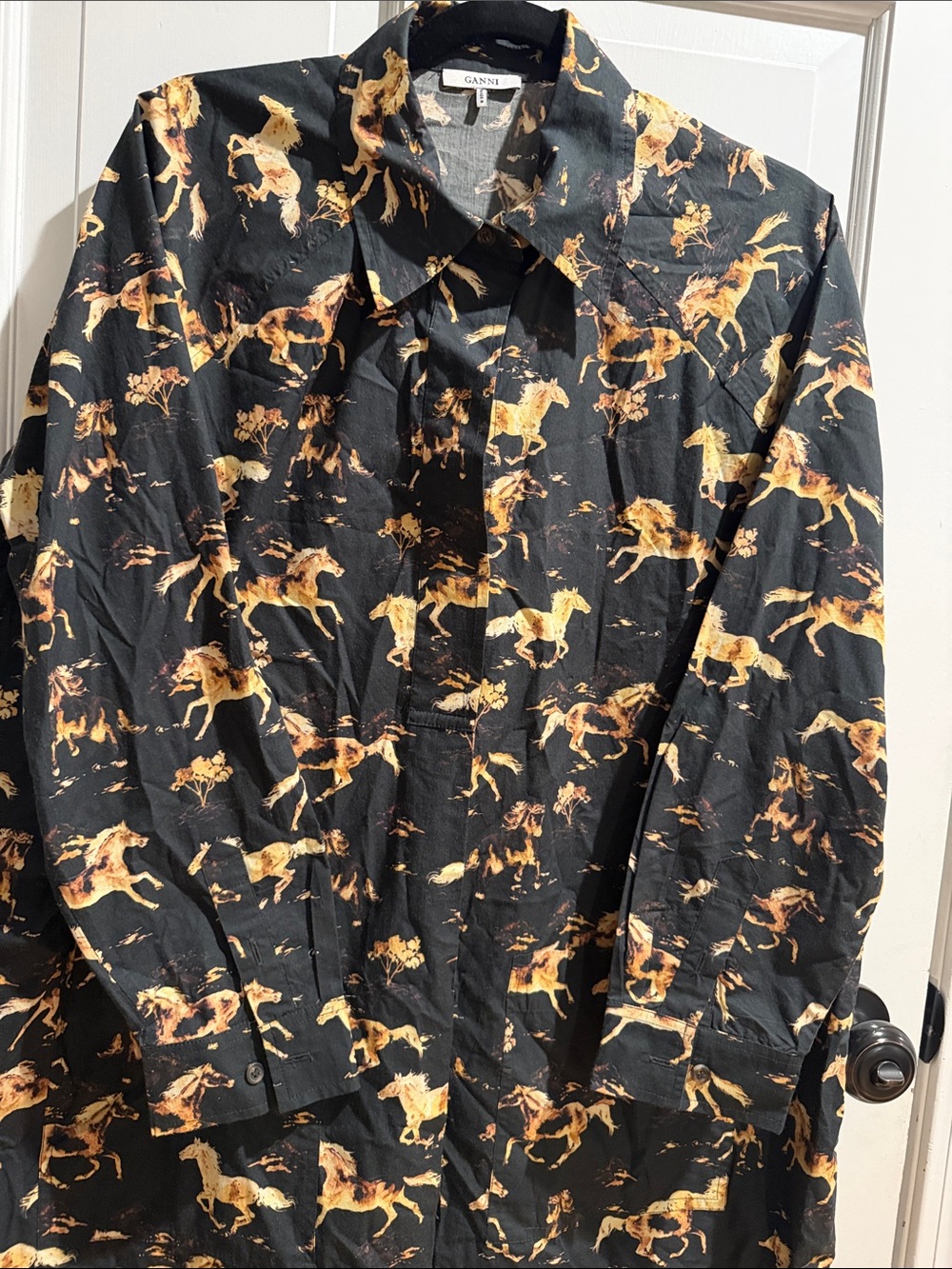 GANNI Horse Print Cotton Poplin Shirt Dress Black & Orange Size 40